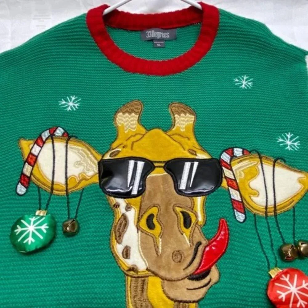 33 Degrees Christmas Sweater Men's XL Multicolor + Giraffe Scarf Beverage Pocket